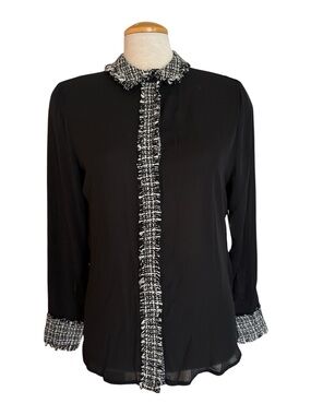 Ellen Tracy Black Blouse with Black-and-White Tweed Trim